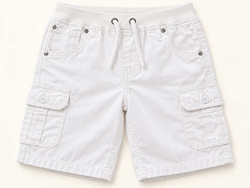 White Drawstring Cargo Shorts on a warm studio background