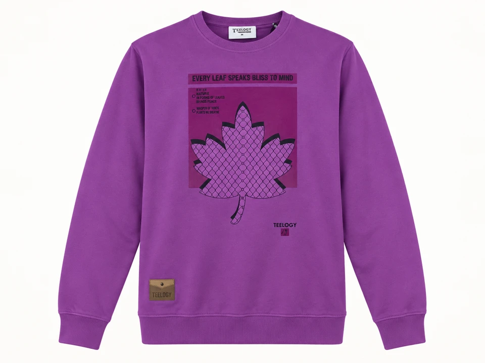 Purple long-sleeved crewneck sweatshirt with large lattice leaf graphic, plum panel and tan lower patch