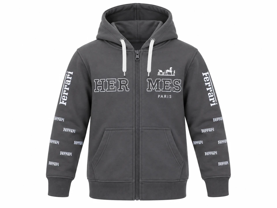 Invisible mannequin displaying charcoal graphic full-zip hoodie