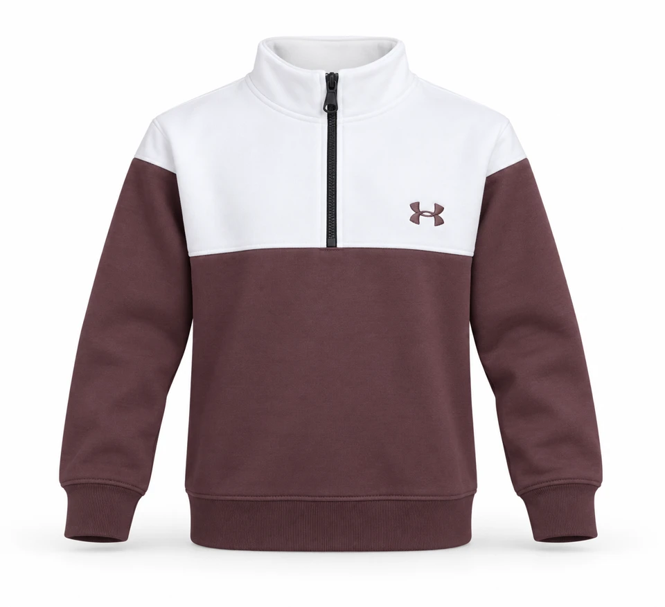Invisible mannequin displaying ivory and plum-brown long-sleeved half-zip sweatshirt
