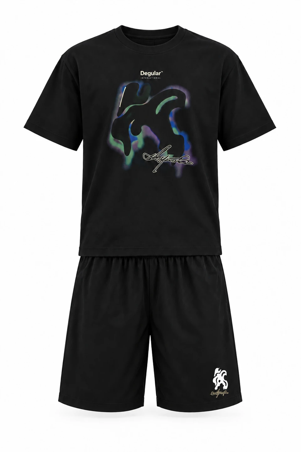 Black Multicolour-shadow Graphic T-shirt & Shorts Set
