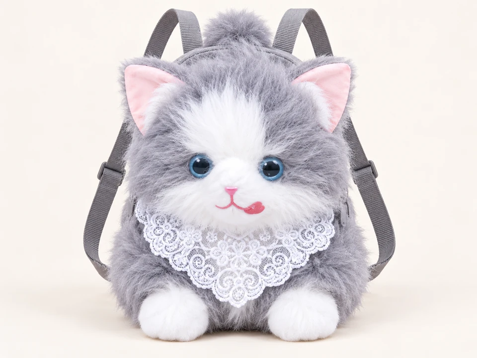Grey and White Cat Backpack on a warm studio background