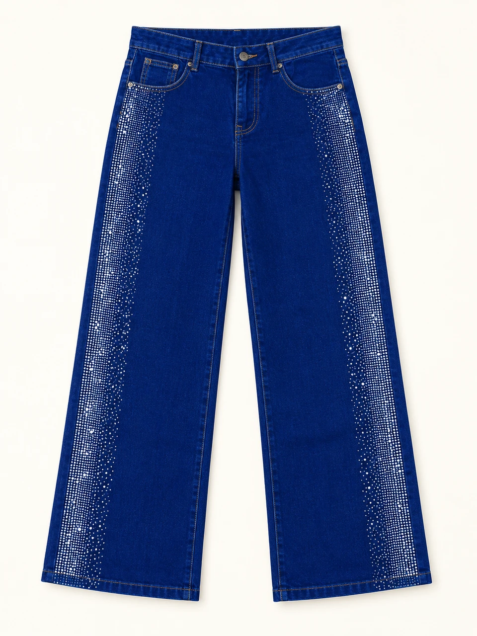 Blue Rhinestone Side-detail Wide-leg Jeans on a warm studio background