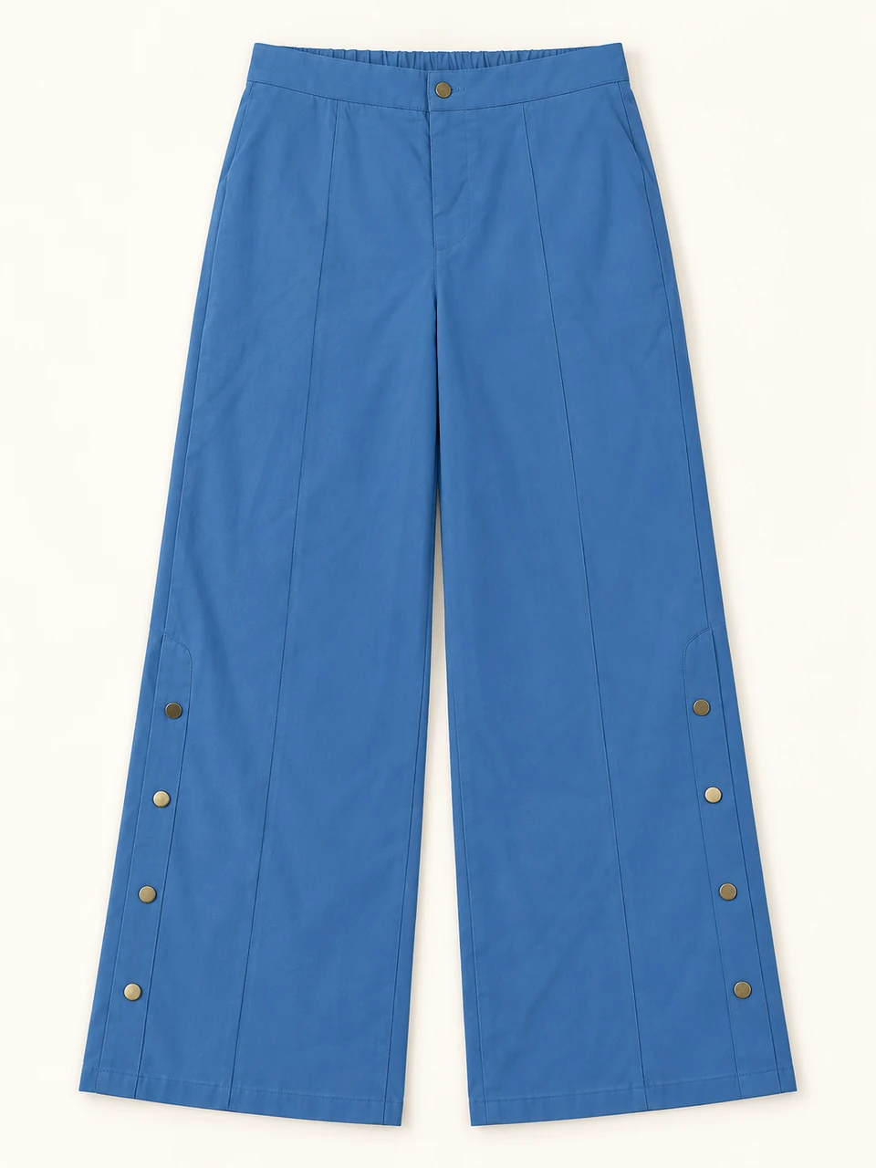 Blue Lower-leg Gold-button Trousers on a warm studio background