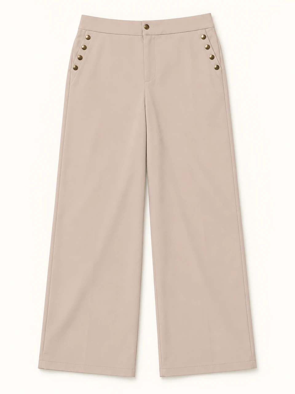 Blush Gold-button Wide-leg Trousers on a warm studio background