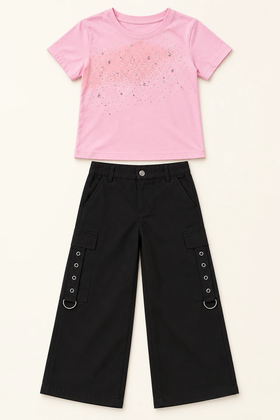 Pink Rhinestone T-shirt and Black Cargo Trouser Set on a warm studio background