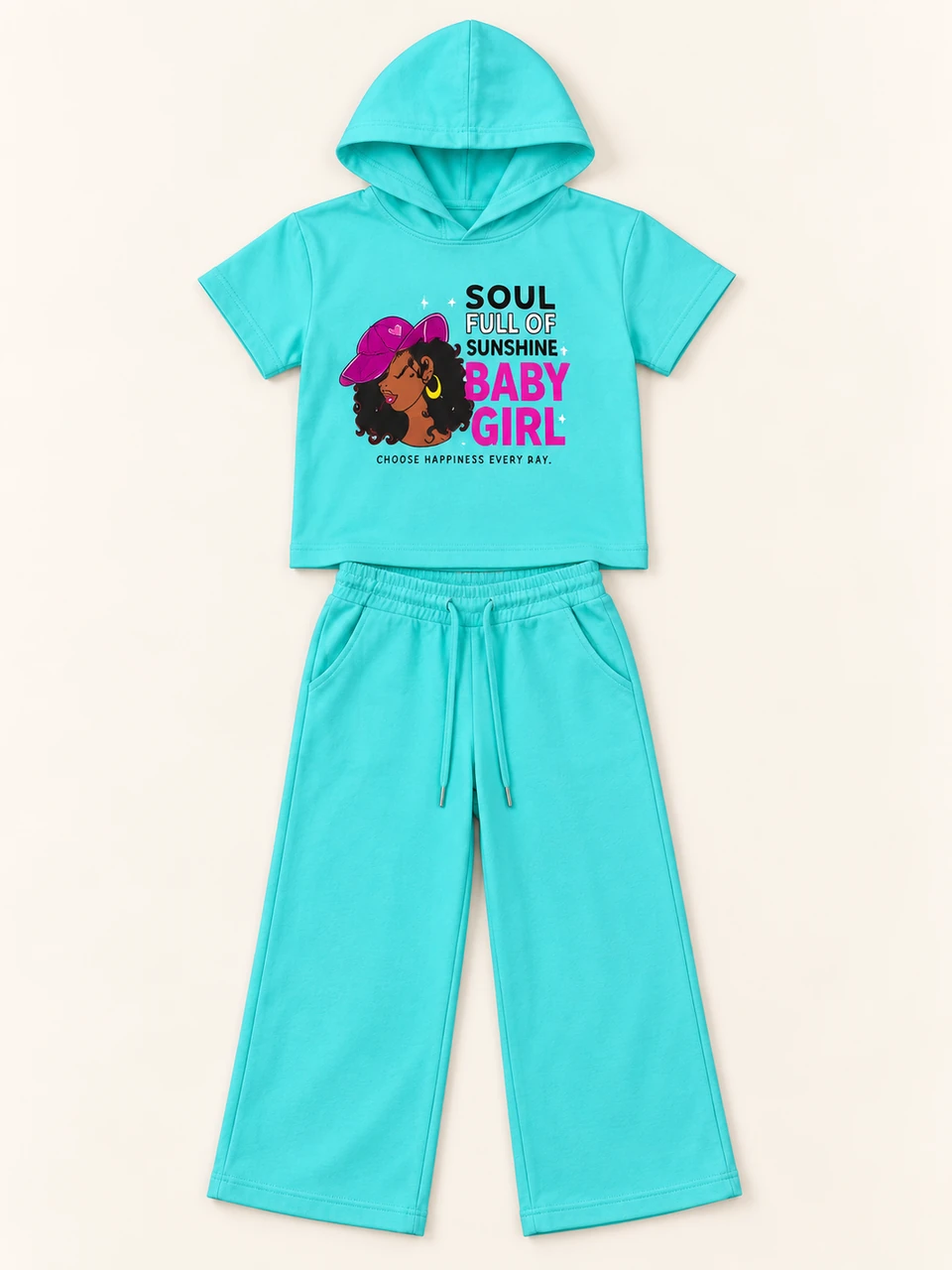 Turquoise Graphic Short-sleeve Hoodie and Trouser Set on a warm studio background