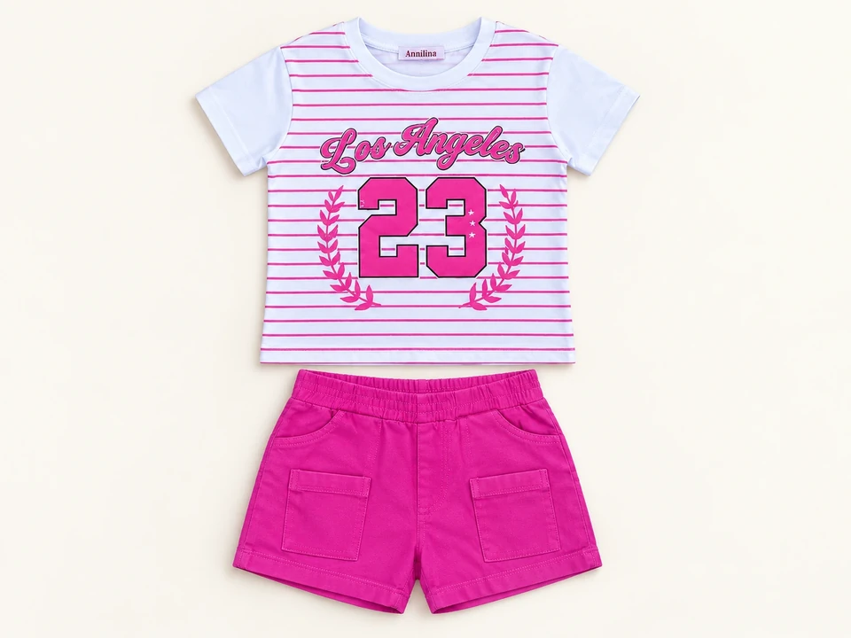 Pink 23 T-shirt and Shorts Set on a warm studio background