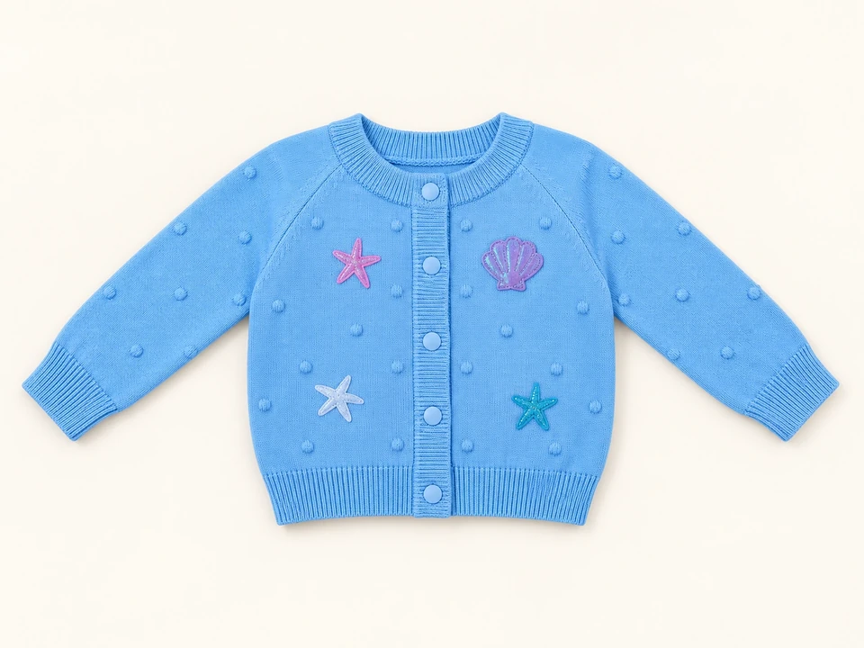 Blue Sea Motif Knit Cardigan on a warm studio background