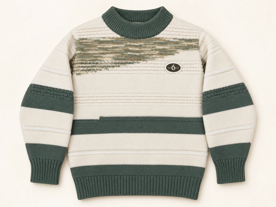 Green and Cream Striped Knit Sweater on a warm studio background
