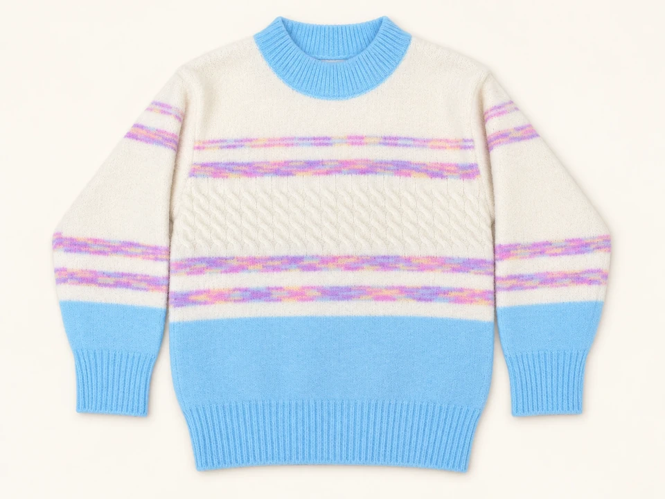 Blue and Pastel Striped Knit Sweater on a warm studio background
