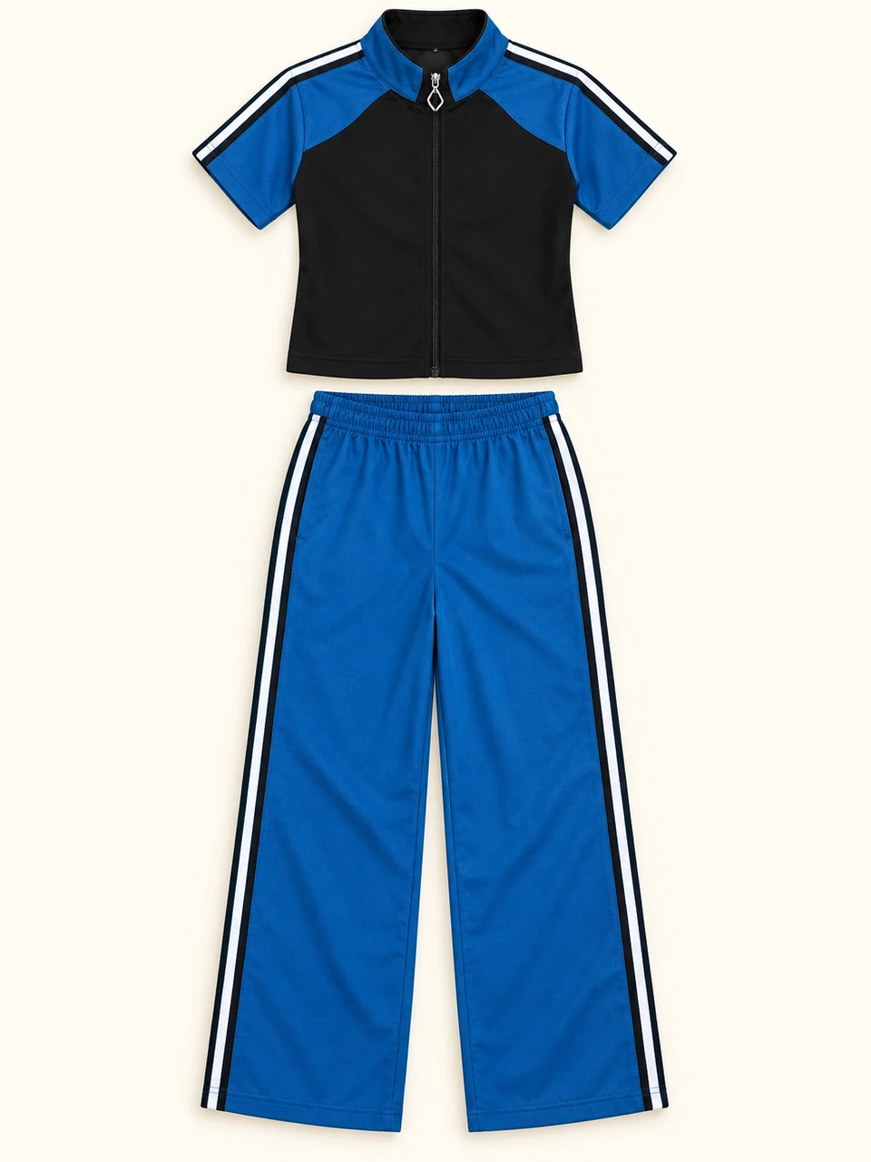 Blue and Black Short-sleeve Zip Trouser Set on a warm studio background