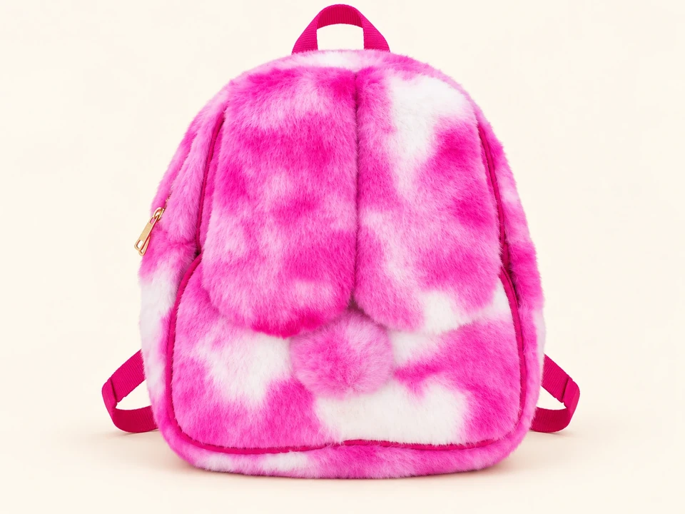 Pink and White Plush Backpack on a warm studio background