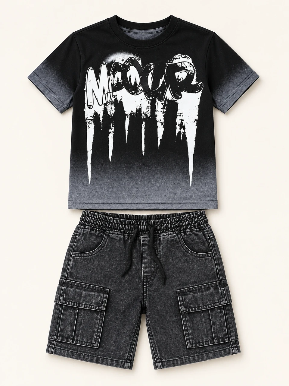 Black Graphic T-shirt and Cargo Shorts Set on a warm studio background