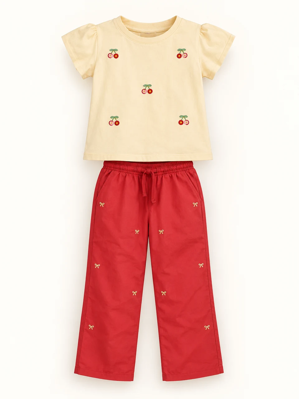 Yellow Cherry Top and Red Trouser Set on a warm studio background