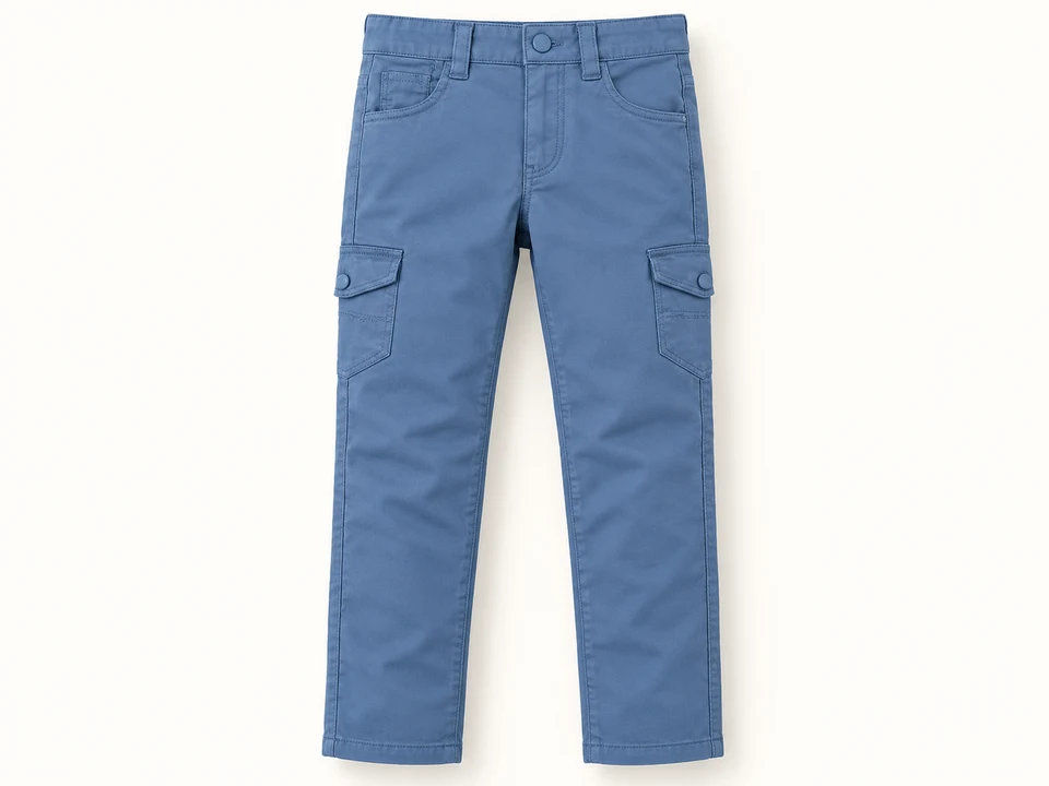 Blue Cargo Trousers on a warm studio background