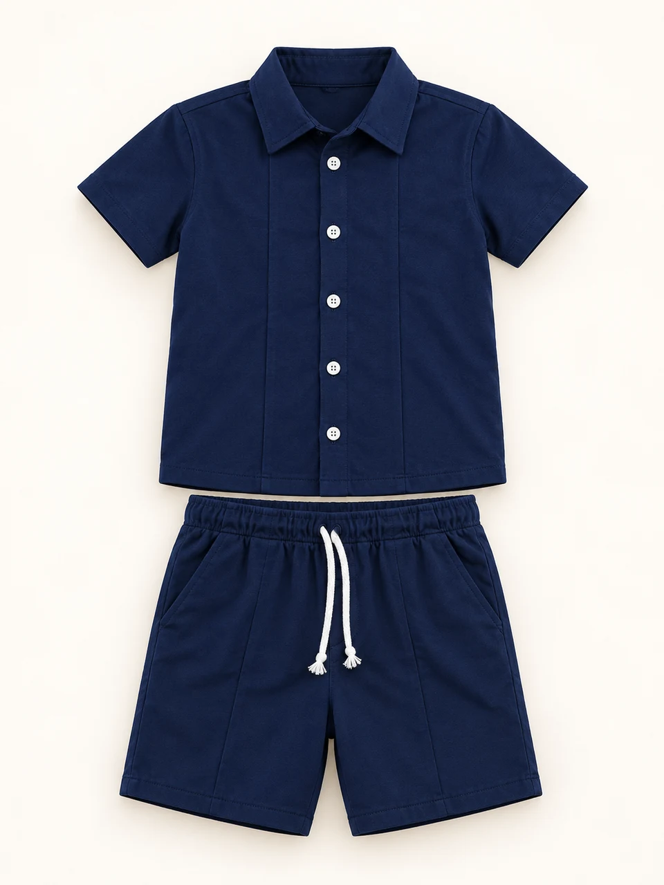 Navy Shirt and Shorts Set on a warm studio background