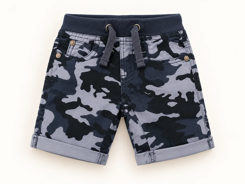 Grey Camouflage Shorts on a warm studio background