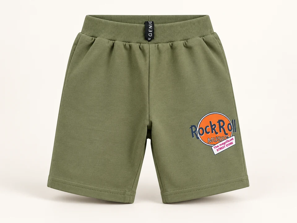 Olive Graphic Sweat Shorts on a warm studio background