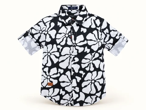 Black and White Floral Shirt on a warm studio background