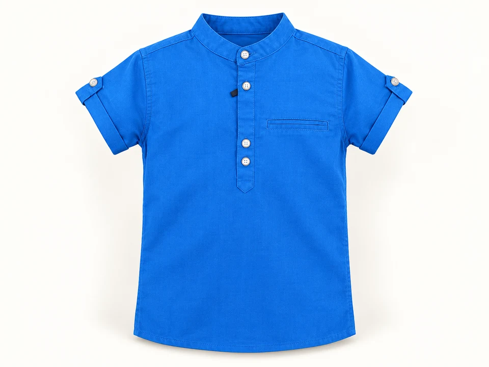 Blue Collarless Shirt on a warm studio background