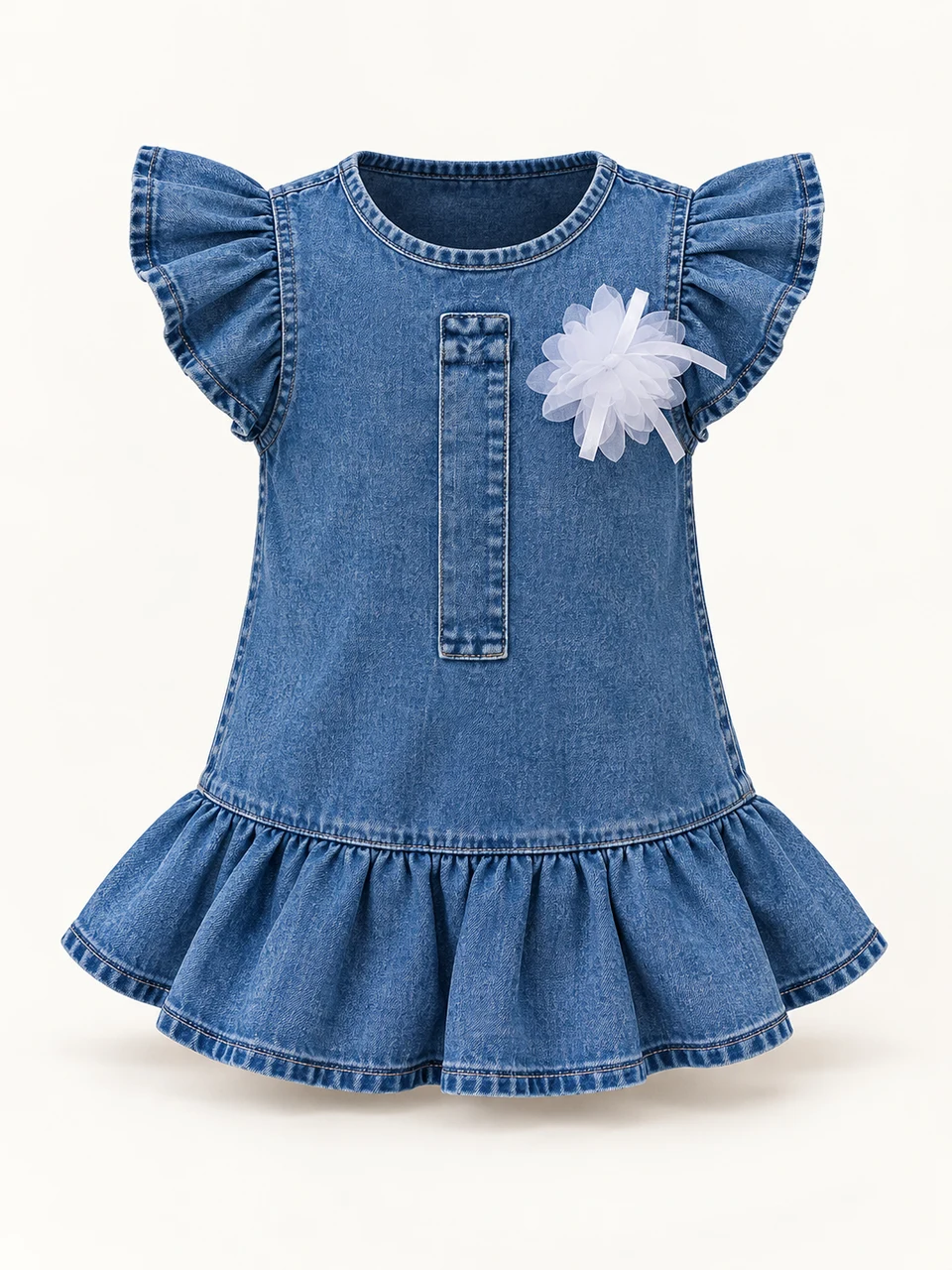 Denim Ruffle Sleeve Dress on a warm studio background