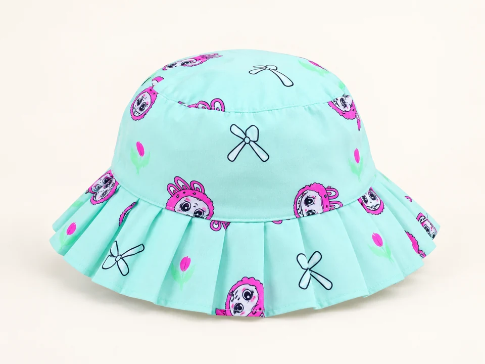 Mint Printed Frill Bucket Hat on a warm studio background