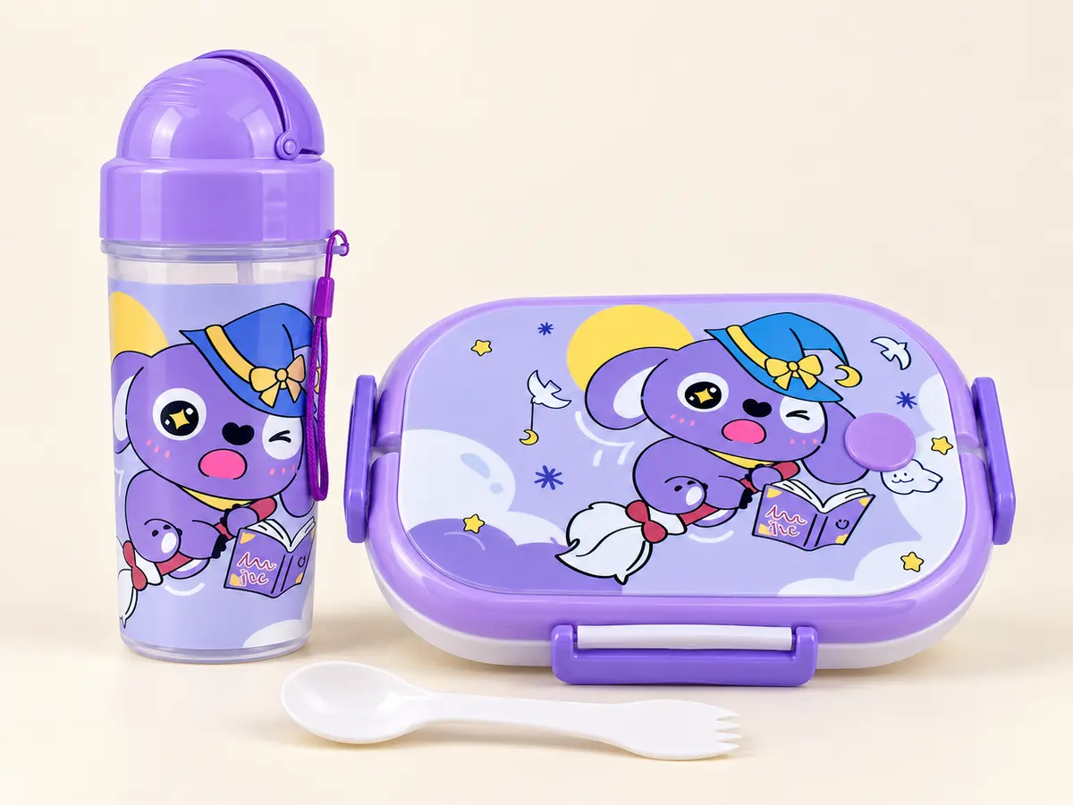 Purple Character Lunch Box and Bottle in available design examples