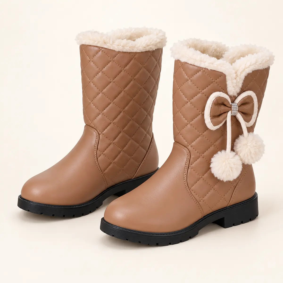 Tan Quilted Pom Pom Boots AI studio illustration