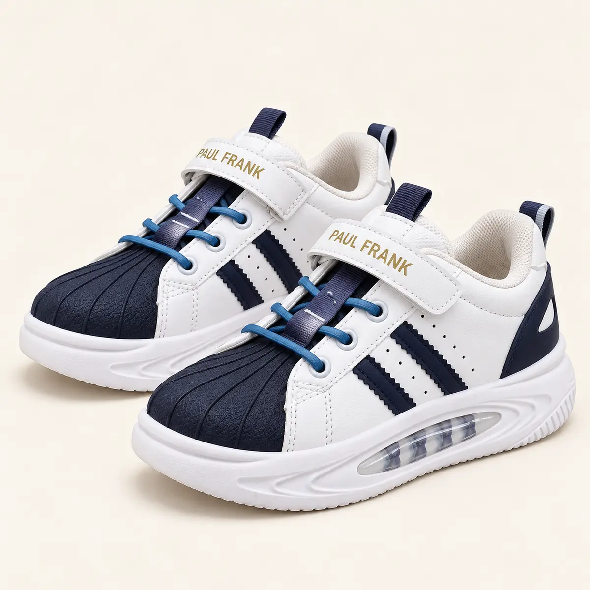 White and Navy Strap Sneakers AI studio illustration